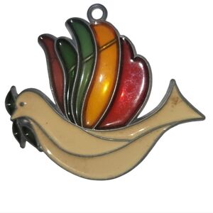 Vintage Handmade Stained Glass Dove Bird Of Peace Suncatcher Ornament Colorful